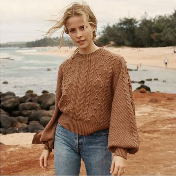 Doen Sweaters - Doen Lulu Sweater Size Medium Brown Pom Pom Knit Organic Cotton Cottagecore